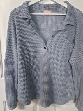 Light Blue Waffle Knit Long Sleeve Polo Top